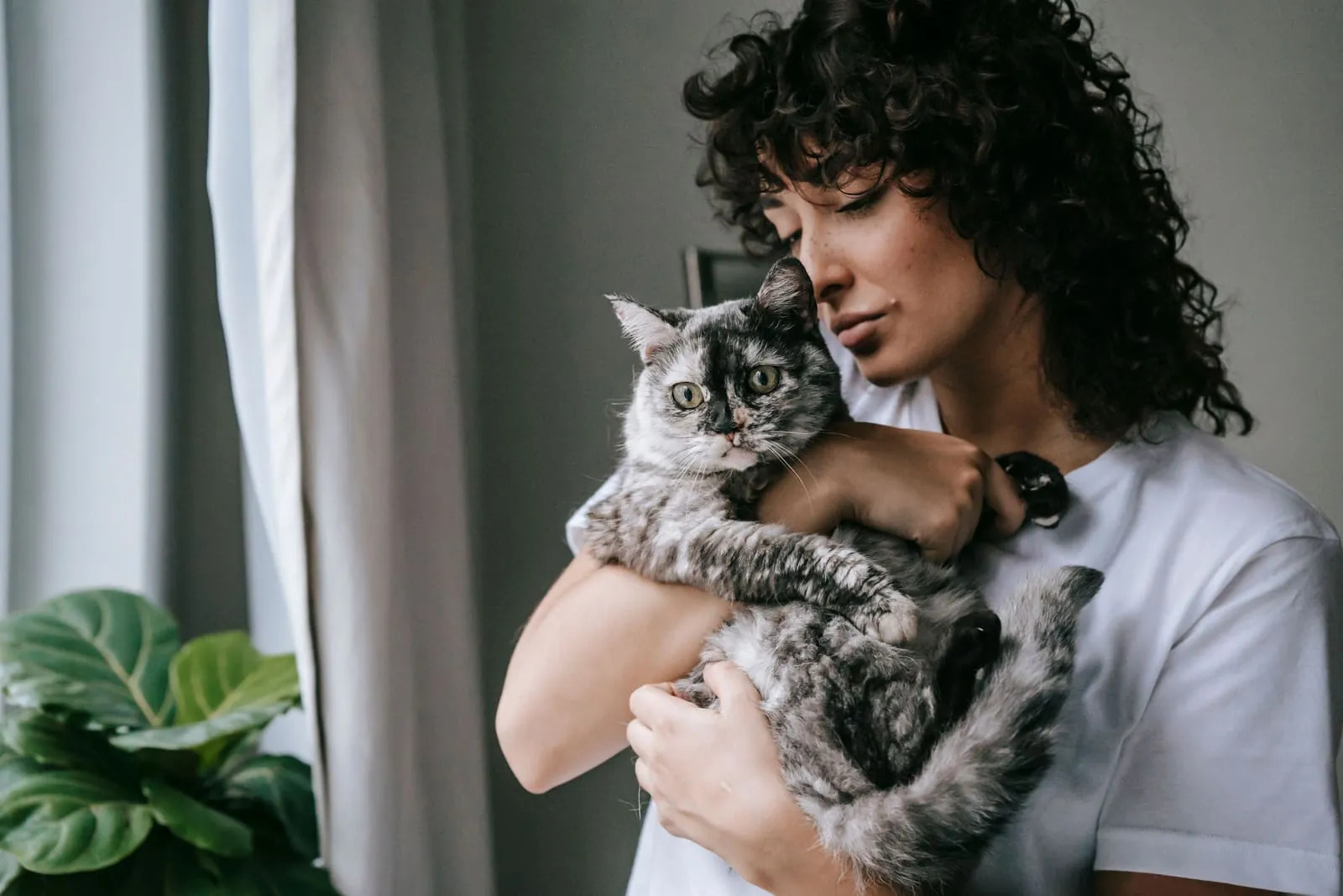 Owner holding her cat close, weighing which long-term allergy treatment is right for her pet